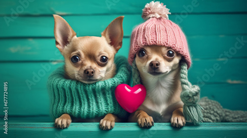 Two Chihuahua puppies in cute knitted clothes.