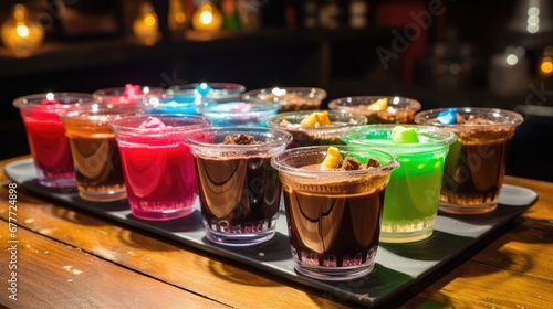  a tray filled with different colored drinks on top of a wooden table and lit candles in the back ground behind the tray is a wooden table with a black tray with a.  generative ai