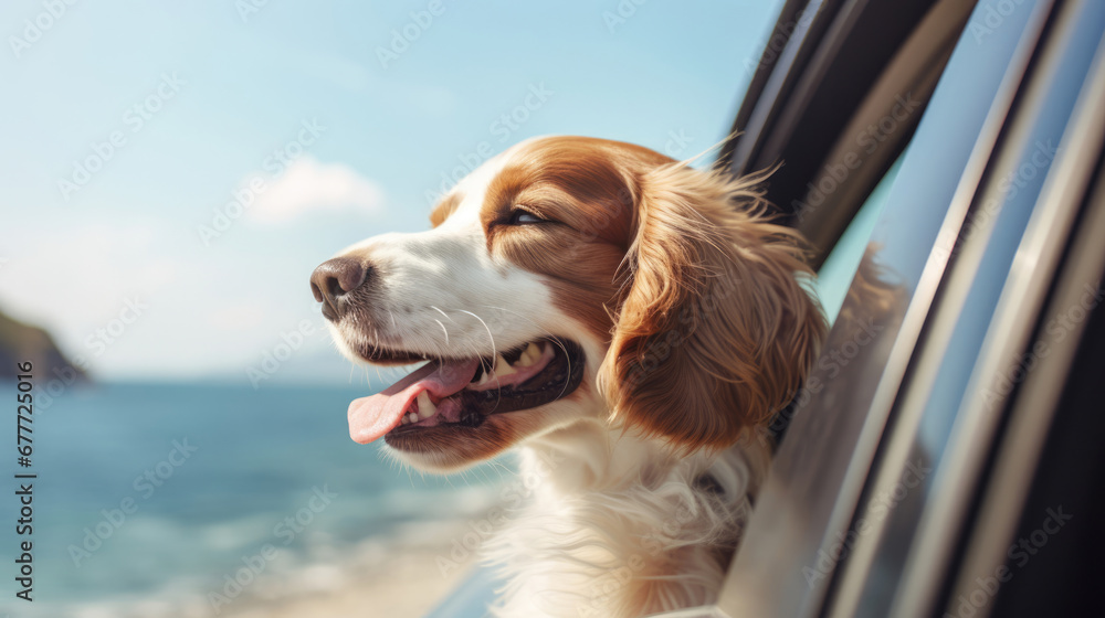 A dog with floppy ears enjoying the breeze as the cars windows are rolled down