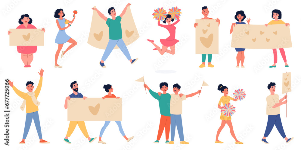 Peaceful parade participants. Happy people with flags, banners and posters, residents crowd on festival, demonstration for love, men and women cartoon flat style isolated vector set
