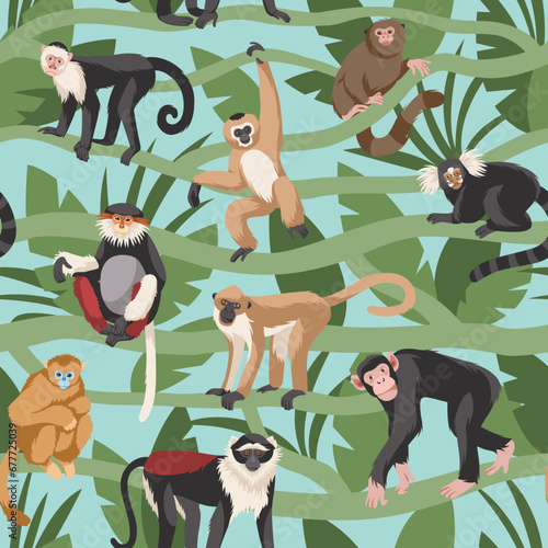 Monkeys seamless pattern. Tropical forest with lianas and different breeds funny primates, various poses in leaves, childish textile, wrapping paper, wallpaper design. Tidy vector background