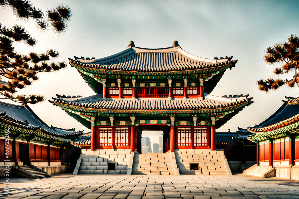 Obraz premium Draw a beautiful view of Gyeongbokgung Palace in Seoul, South Korea. Generative Ai