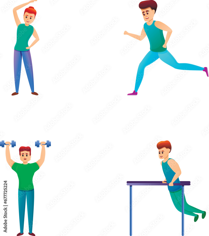 Athlete icons set cartoon vector. Man and woman doing sport. Active lifestyle Athlete icons set cartoon vector. Man and woman doing sport. Active lifestyle