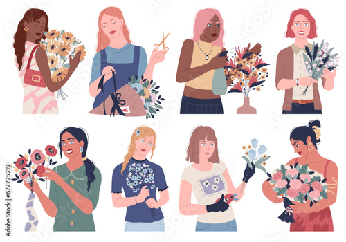 People with flower bouquets. Romantic beautiful gifts, cartoon florists create compositions, cute women hold floral bunches, birthday cards, cartoon flat style isolated tidy vector set