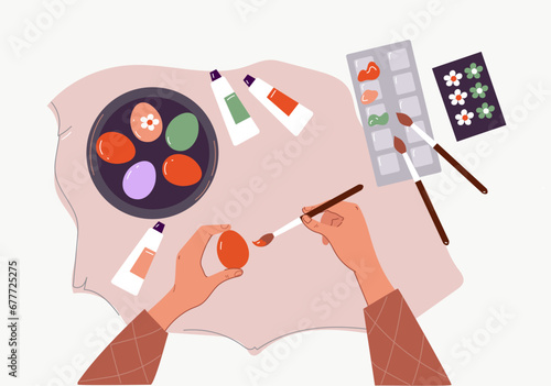 Women making dyed eggs, Easter celebration preparation. Tradition of painting decorating eggs. Vector cartoon flat illustration.