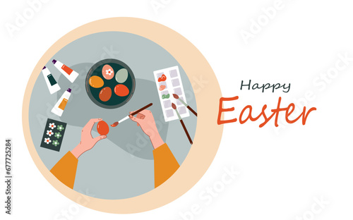 Women making dyed eggs, Easter celebration preparation. Tradition of painting decorating eggs. Vector cartoon flat illustration.