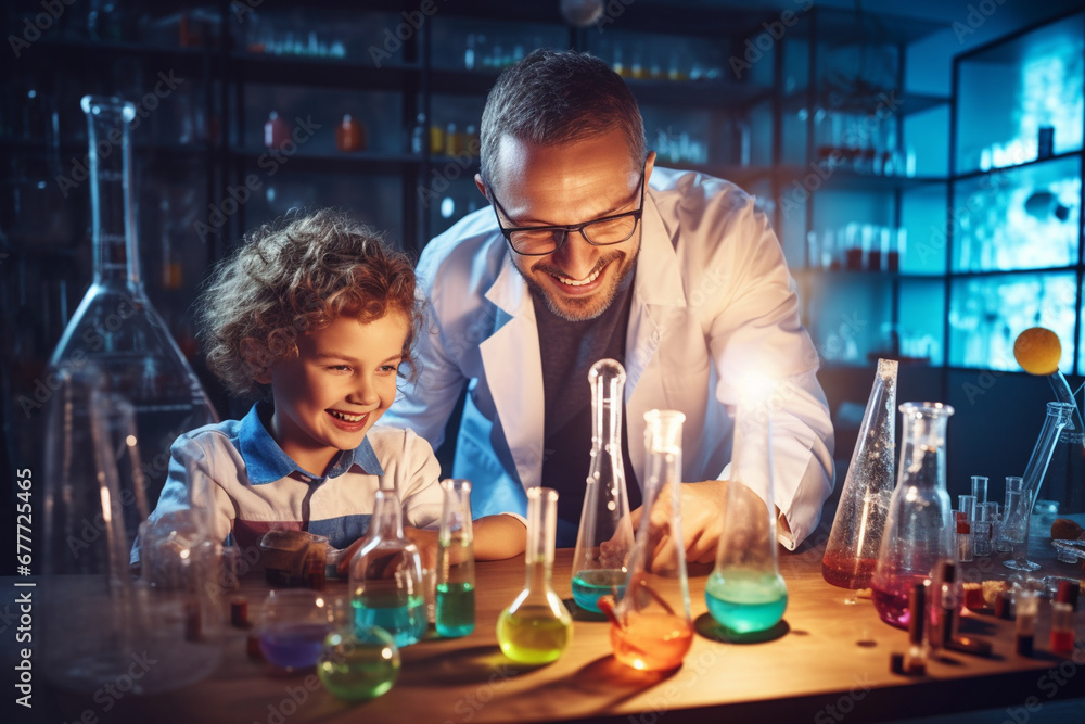 Creative shot of a father and child exploring a science museum or engaging in experiments at home, emphasizing curiosity and learning, creativity with copy space