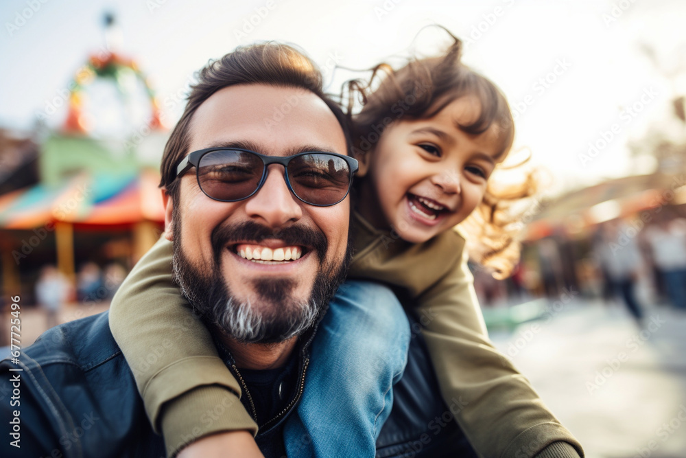 Father and child enjoying a day at an amusement park, capturing the thrill of shared adventures, creativity with copy space
