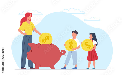 Teaching family budget planning, mother and children putting coins in piggy bank. Parents savings funds, family banking and investment. Cartoon flat style isolated vector finance concept