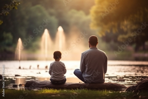 Creative photo of a father and child practicing mindfulness or meditation together  capturing moments of peace and reflection  creativity with copy space