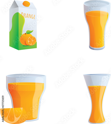 Orange juice icons set cartoon vector. Organic tropical fruit drink. Healthy drink