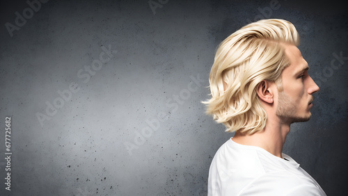 Blond man with long hair on black and white background