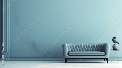  a blue room with a couch and a bird sitting on a table in front of a blue wall with a white column in the middle of the room and a blue wall.  generative ai © Nadia
