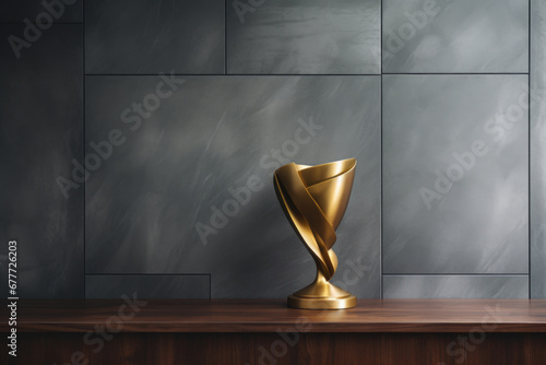 champion golden trophy placed on table, copy space ready for your design win concept.
