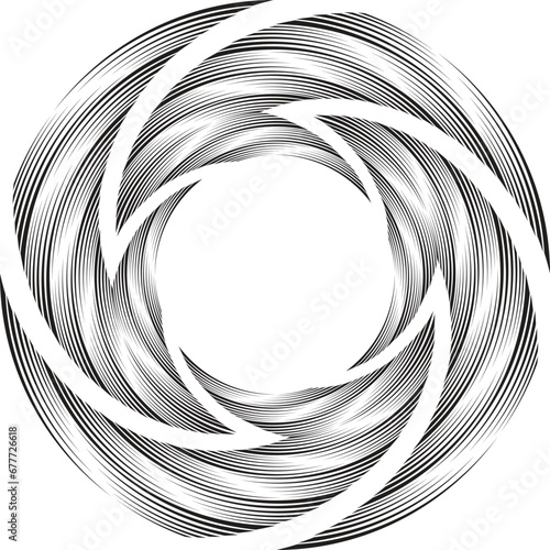  Black halftone dots in vortex form. Geometric art. Trendy design element.Circular and radial lines volute, helix.Segmented circle with rotation.Radiating arc lines