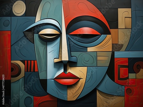 AI-generated abstract illustration of a human face, made of colorful, textured wood. MidJourney.