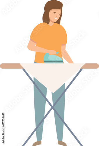 Woman ironing clothes icon cartoon vector. Iron board table. Ironing dried textile cloth.