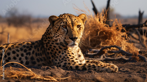 cheetah in the wild, laying on burnt ground