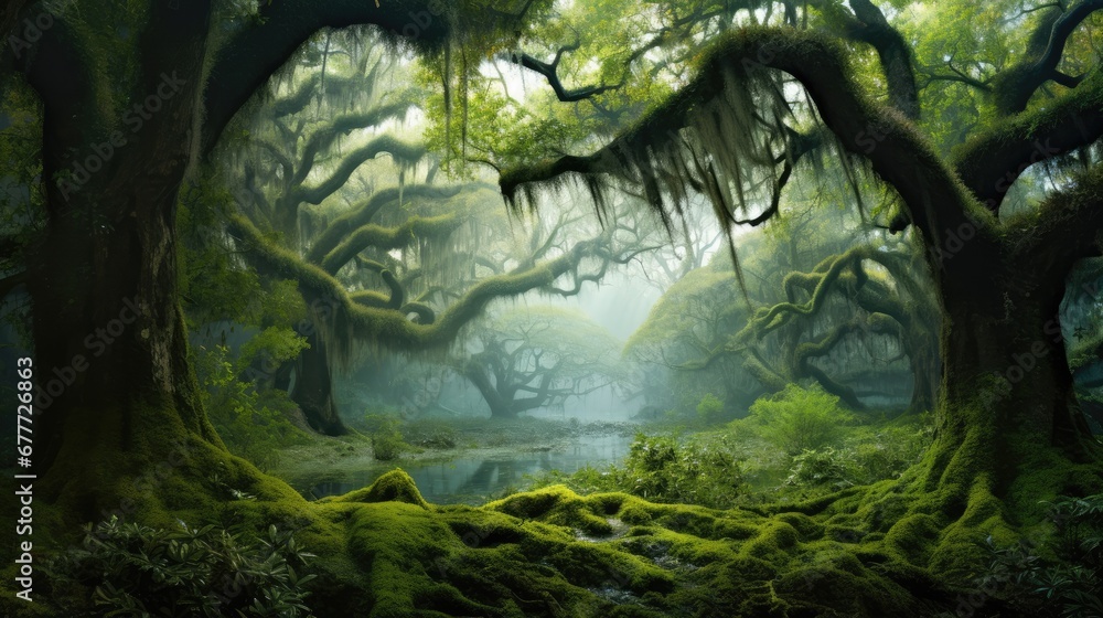  a painting of a forest with moss growing on the ground and trees with moss growing on the ground and trees with moss growing on the ground and moss growing on the ground.  generative ai