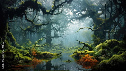  a painting of a swampy area with mossy trees and a small body of water in the middle of the picture is a swampy area with red and green plants on both sides of the water. generative ai