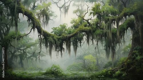  a painting of a swampy area with moss growing on the trees and moss growing on the branches of the trees and moss growing on the branches of the trees.  generative ai
