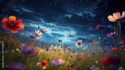  a field full of colorful flowers under a night sky with stars and a full moon in the sky above the flowers is a field of wildflowers in the foreground.  generative ai © Nadia