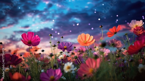  a field filled with lots of colorful flowers under a purple and blue sky with stars in the sky and a full moon in the middle of the night sky above.  generative ai © Nadia