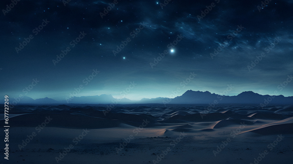 An otherworldly desert landscape with sand dunes, camels, and a starry night, captured with an infrared lens, using ethereal and dreamy film to create a mystical and surreal mood