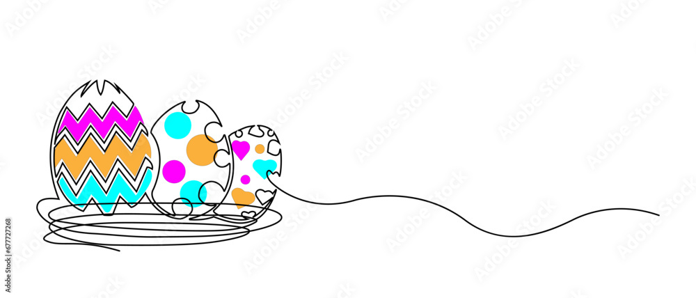easter eggs in a basket line art,  continuous one line drawing of a whole egg, black and color graphic, isolated in white background, Vector illustration design element for Easter holiday, eps 10 - obrazy, fototapety, plakaty 