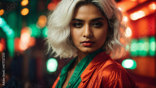 Ritratto di una giovane ragazza asiatica, indiana con capelli bianchi su uno sfondo futuristico verde e arancione di notte
