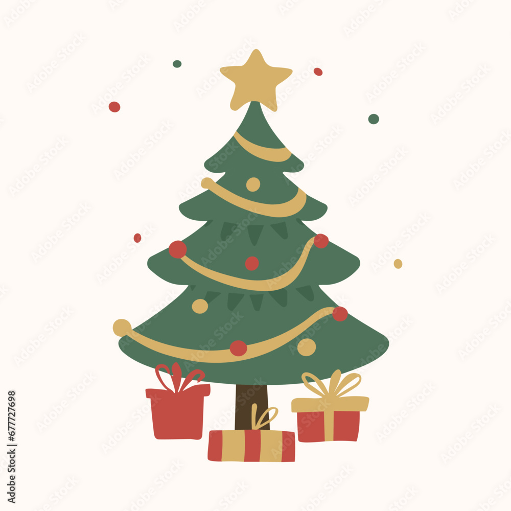 Christmas tree illustration with christmas gift box