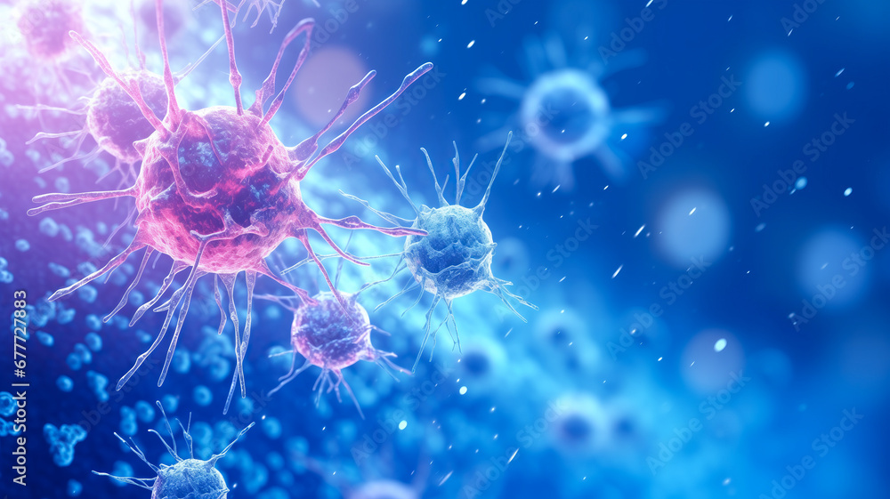 Banner Medical illustration, red cancer cell on blue background Banner Medical illustration, red cancer cell on blue background