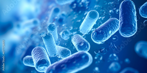 Bacterial colony bacteria on blue color. Concept of science Microbes banner photo