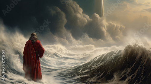 Bible miracle of Moses parting red sea for passage Ocean separate up to form canal
