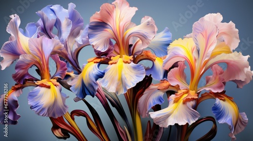  a bouquet of multicolored irises in a glass vase on a blue background with a blue sky in the back ground and a blue sky in the background. generative ai