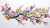  a bunch of paper flowers that are on a tree branch in the shape of a branch with leaves and flowers on the branches, on a white background of a white wall.  generative ai