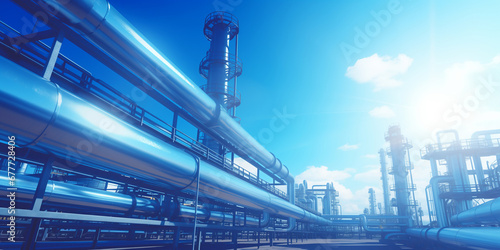 Industrial pipeline  oil and gas factory  blue color with sun ligh. Industry energy banner.