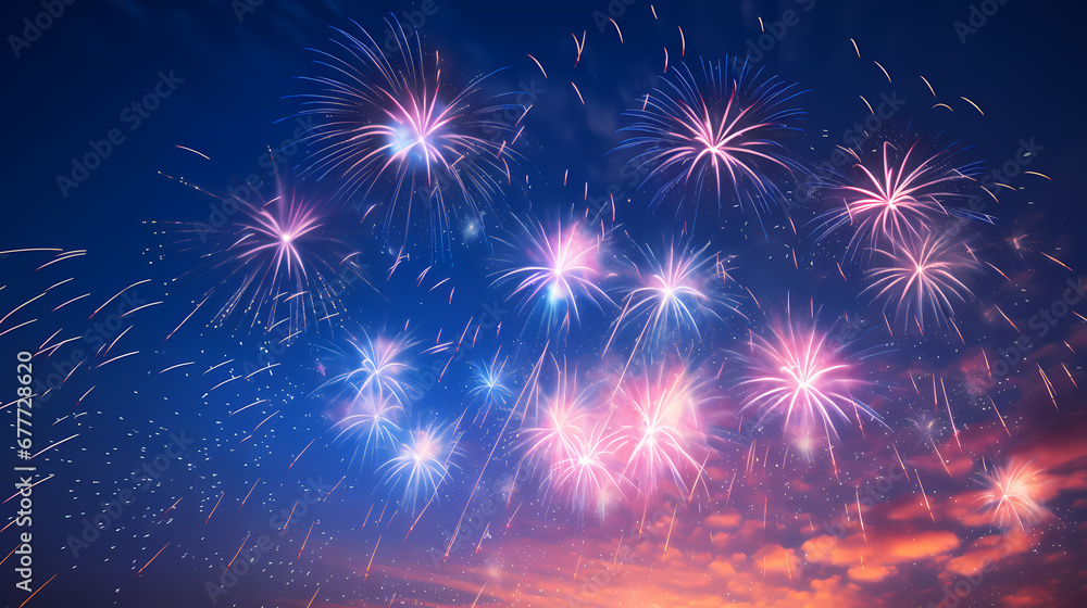 Fototapeta premium Fireworks in the night sky poster web PPT background, digital technology background