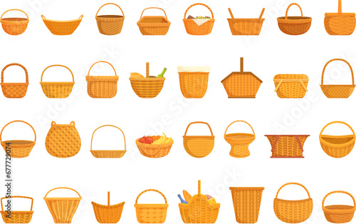 Wicker basket icons set cartoon vector. Picnic snack wicker. Meal party photo