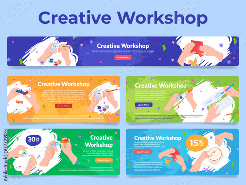 Creative workshop drawing painting art sale discount landing page internet banner set vector
