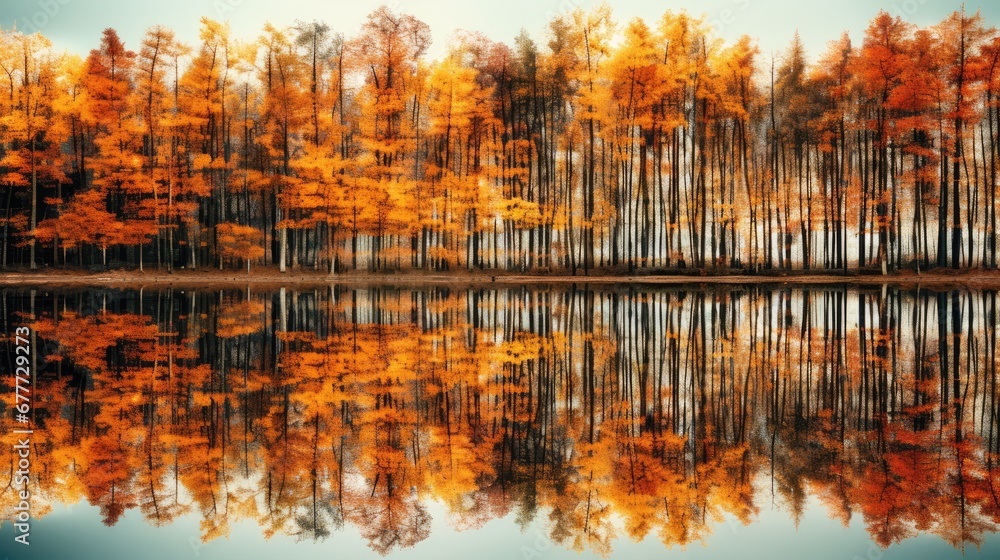  a forest filled with lots of trees next to a body of water with lots of orange and yellow trees in the middle of the forest and a lake in the middle of the foreground.  generative ai