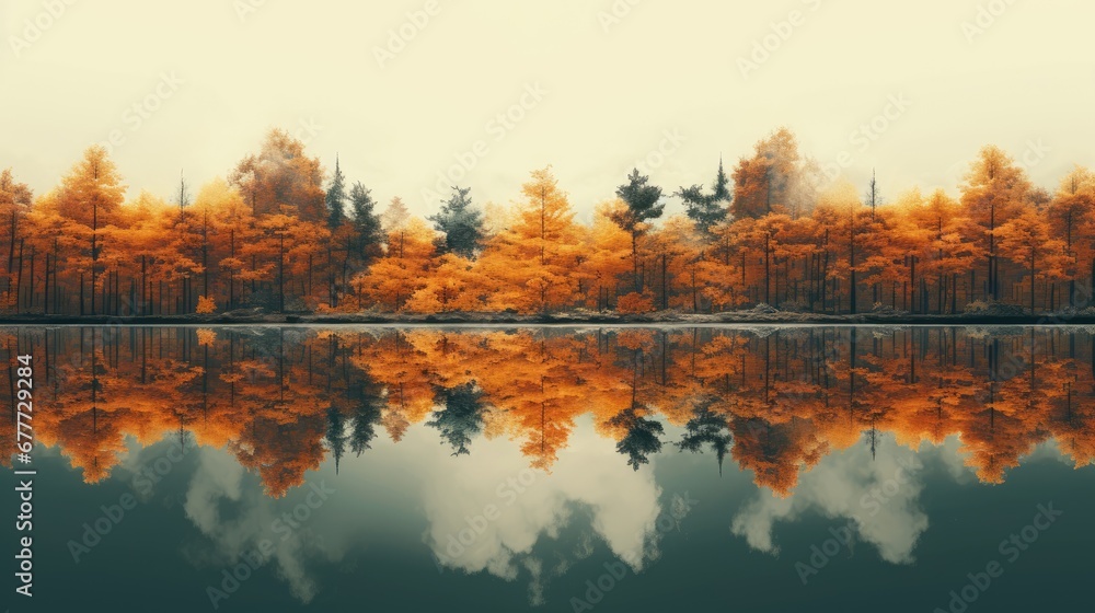  a body of water surrounded by trees with orange leaves on the trees and in the distance a body of water with trees with orange leaves on the water and in the foreground.  generative ai