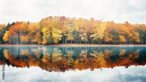  a body of water surrounded by trees with orange and yellow leaves on the top of the trees and bottom of the water, with a few clouds in the sky.  generative ai © Nadia