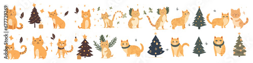 Large set of cartoon cats at various activities stretching. Funny comic feline animals, naughty kitties playing with Xmas fir tree. Flat vector illustration on white for design elements © Mark