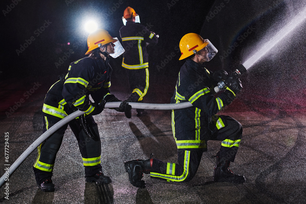 Firefighters using a water hose to eliminate a fire hazard. Team of female and male firemen in dangerous rescue mission. Firefighters using a water hose to eliminate a fire hazard. Team of female and male firemen in dangerous rescue mission.