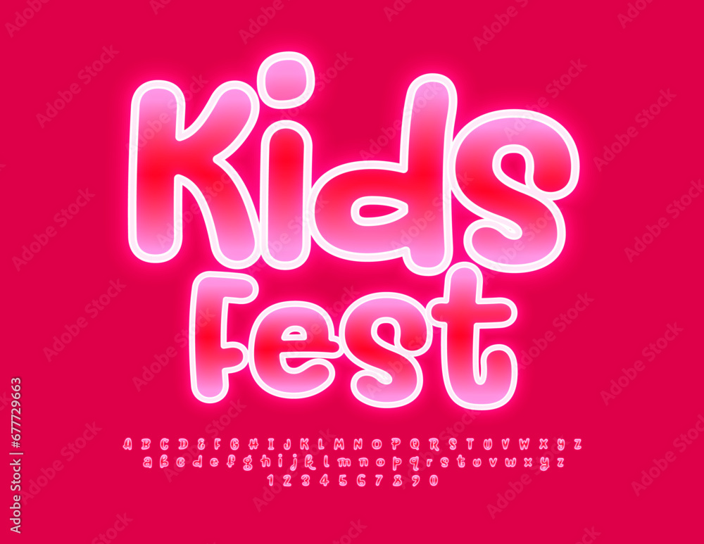 Vector bright banner Kids Fest with artistic Font. Sweet Pink Alphabet Letters and Numbers set