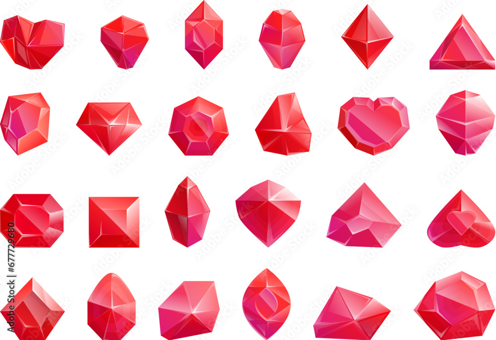 Ruby rock icons set cartoon vector. Magic stone. Mineral crystal shiny Ruby rock icons set cartoon vector. Magic stone. Mineral crystal shiny