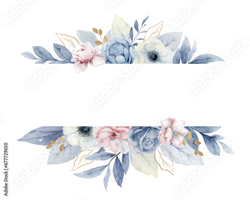 Watercolor vector floral banner. Dusty blue, soft blush flowers and branches. Arrangement for wedding, invitations, cards, decoration. Hand drawn illustration.