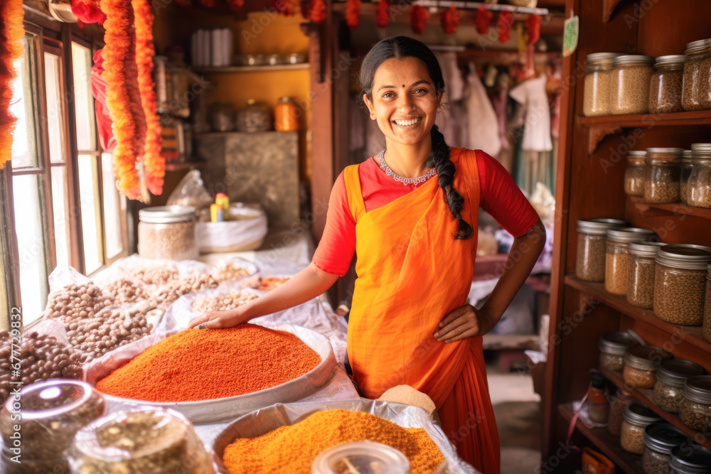 Nepalese Shop Owner's Smiles of Achievement. Her hard work pays off as she proudly opens her store.