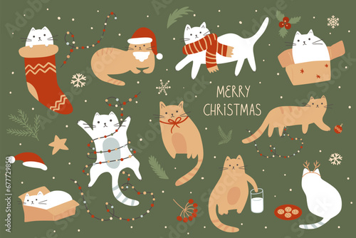 Christmas cats celebrating winter holiday set. Vector new year cute pets playing with Christmas decoration and wearing Santa Claus hat, scarf, garland. Funny kitty collection, isolated elements.